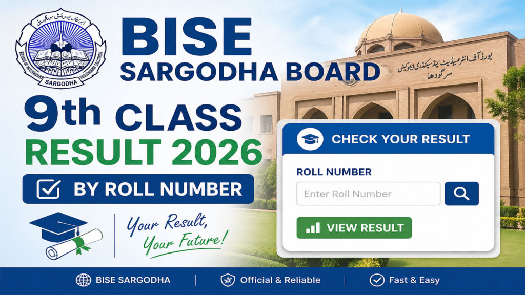 BISE Sargodha Board 9th Class Result 2026 by Roll Number